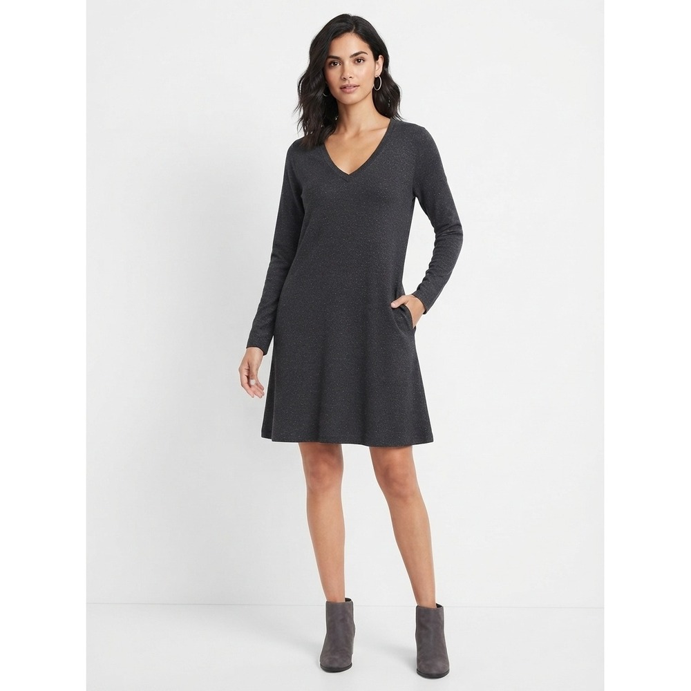 Eileen Fisher Italian Yarn V-Neck Sweater Dress Long Sleeve Charcoal Grey Small